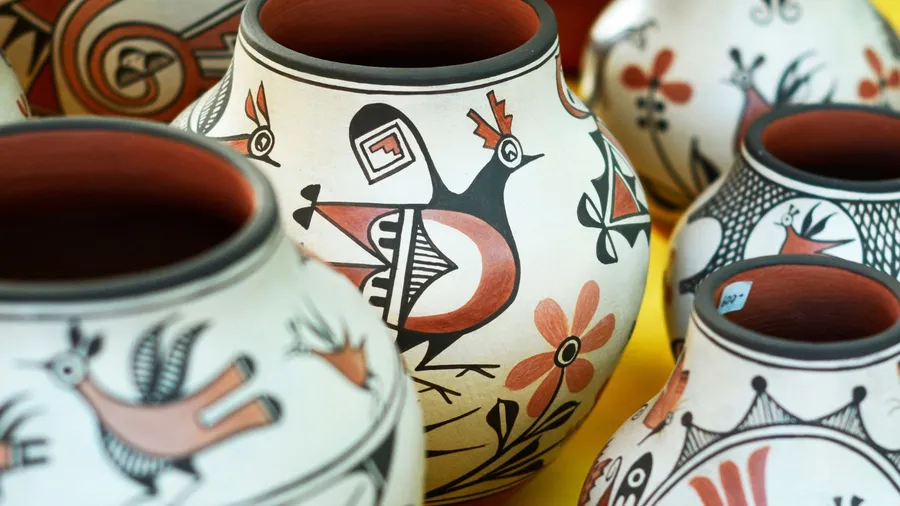 A collection of traditional Native American handmade pottery, likely Zia Pueblo, featuring intricate hand-painted designs including birds and geometric patterns, arranged closely together on a yellow surface.