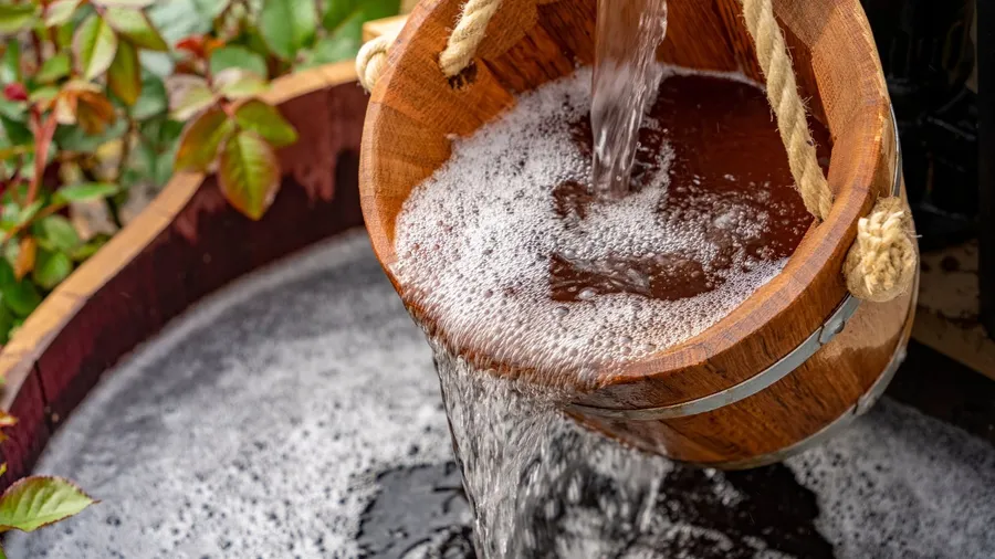 A wooden bucket fountain with water flowing into a wooden barrel.