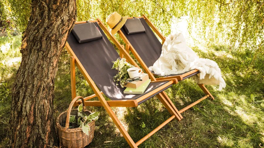 A garden nook with two wooden deck chairs under a tree with a throw blanket, books, and a cup.