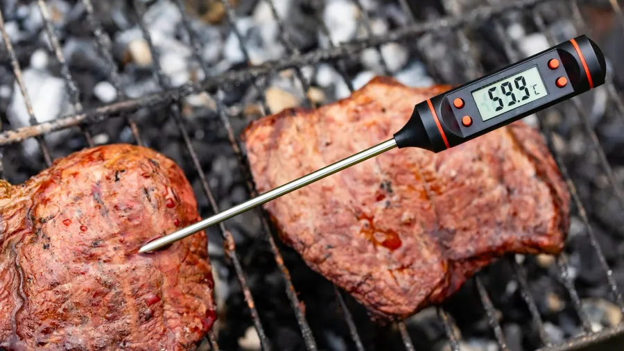 A digital meat thermometer showing temperature of a grilled meat.