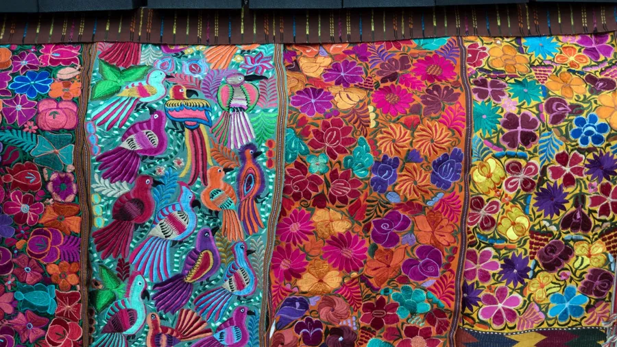 Colorful imported textiles on display in Santa Fe, New Mexico