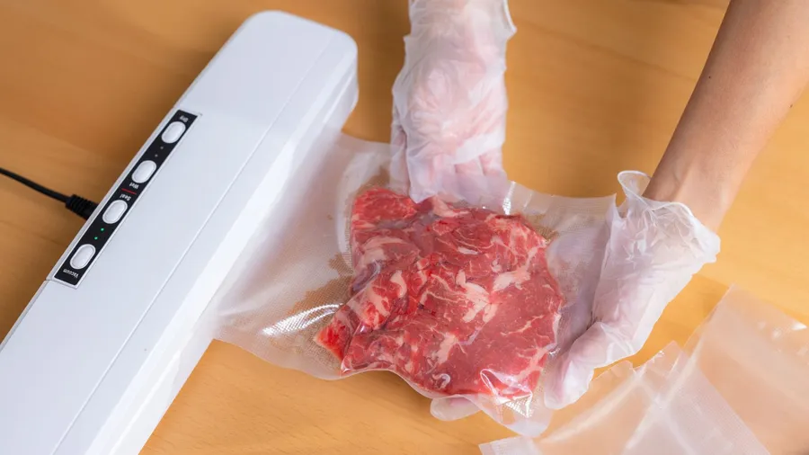 A person sealing raw meat in a plastic bag with a vacuum sealer.