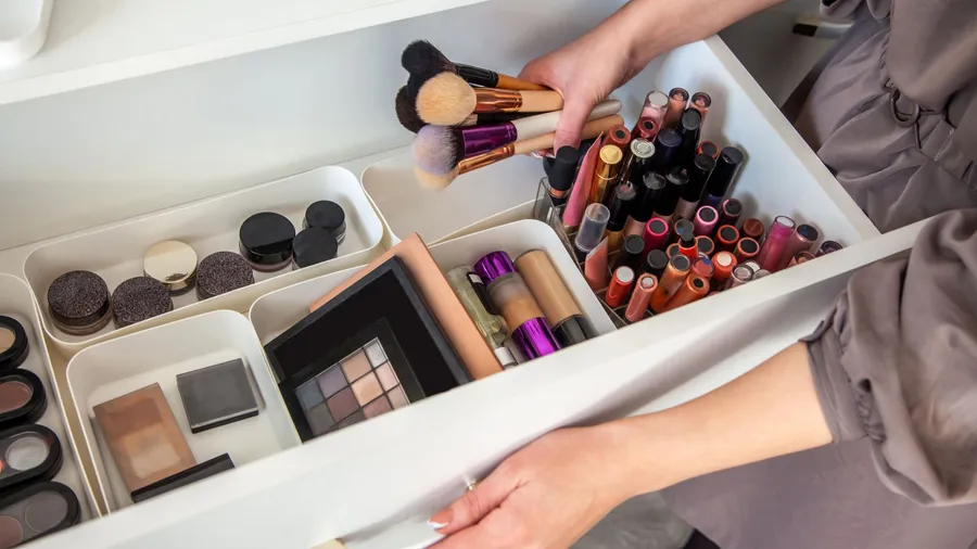 A white drawer with makeup products organized neatly in small trays and a woman taking out makeup brushes from the drawer.