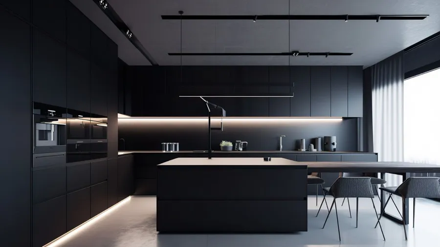 A minimalist kitchen interior with black table and chairs, matte black cabinets, marble countertop, oven, and white curtains on the window.