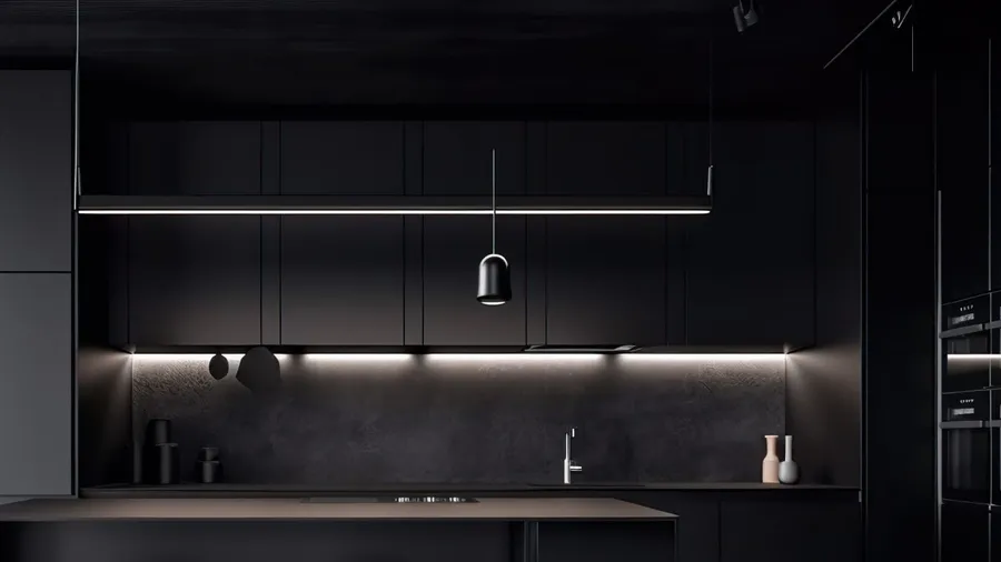 A black kitchen interior with cabinets, countertop, and LED lights under the cabinets.
