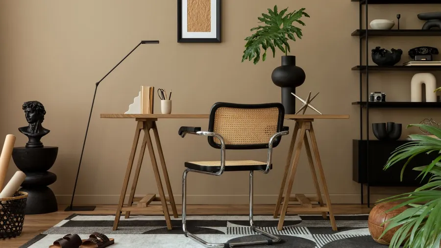 A modern home office setup with a wooden desk, minimalist decor, and a stylish chair, featuring natural light streaming through the spaces.