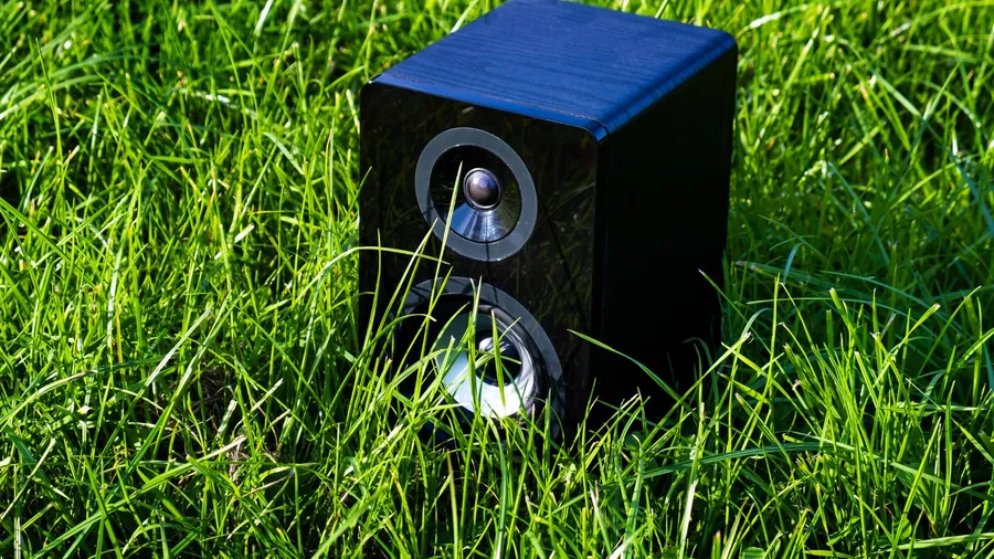 A black portable speaker on the grass in a garden.