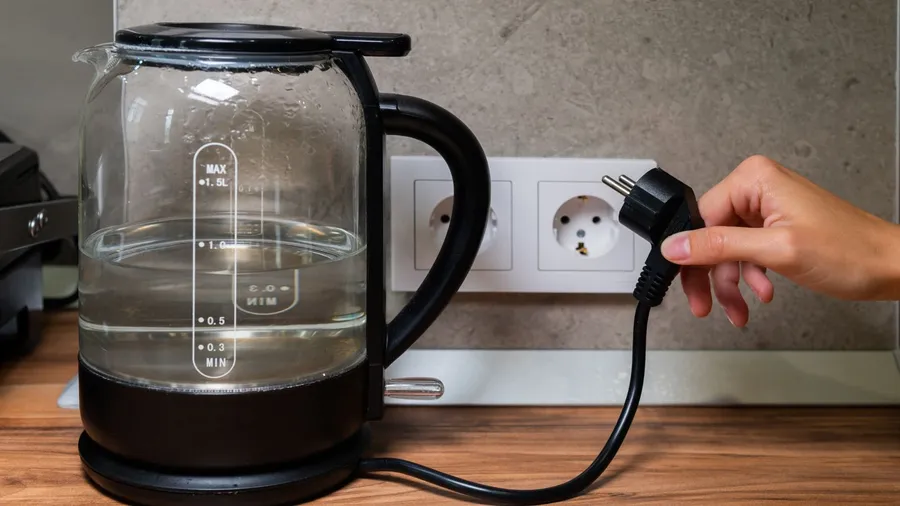 A modern glass electric kettle on a wooden surface.