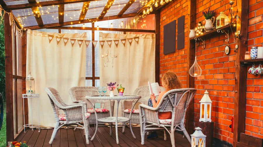 A beautiful outdoor dining setup with rattan table and chairs, curtains, string lights, and a floating shelf on a brick wall.