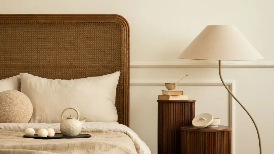 A cozy bedroom corner with a wooden headboard, cushion, and tea set on the bed.