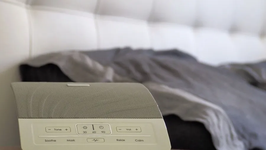 A white noise machine on the bedside table in a bedroom.
