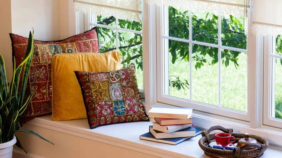 A cozy window seat with cushions, books, houseplant, and a tray with snacks.