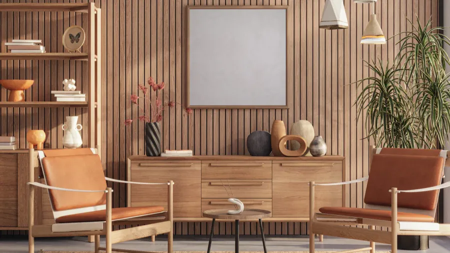 A living room with a wooden console, wooden armchairs, a bookshelf, a potted plant, and a poster on a wood slat wall.