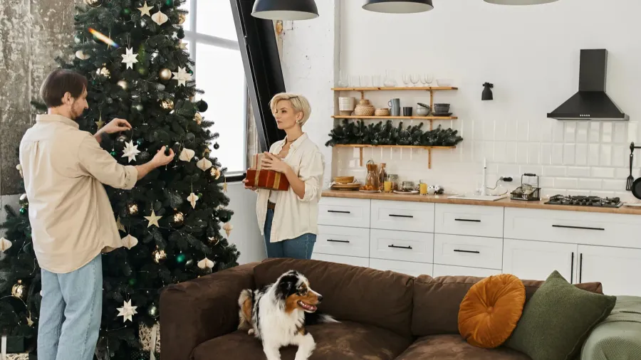 a couple joyfully decorates a festive tree while their dog