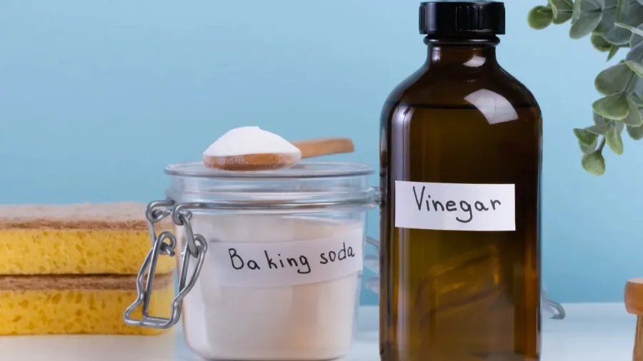 a dark bottle of vinegar with cleaning ingredients such as