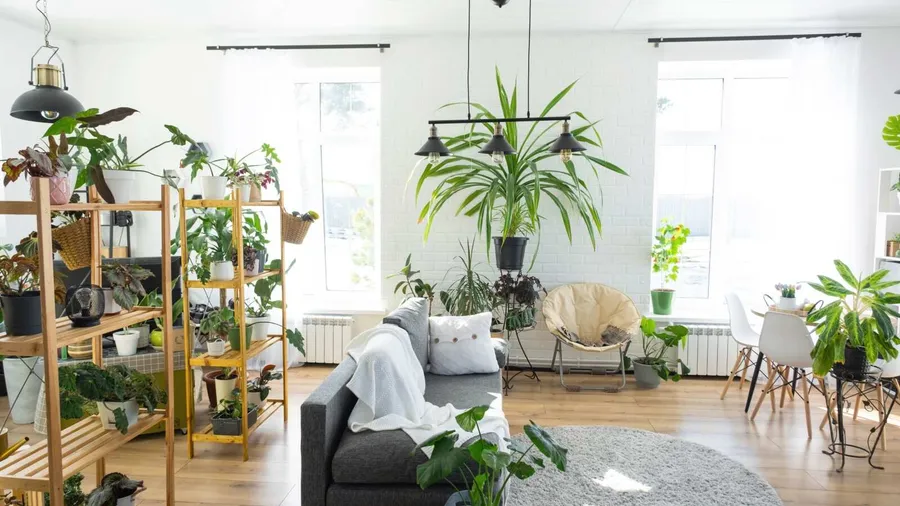 A bright living room with sheer curtains, white walls and large windows, featuring a grey sofa, a round rug, and numerous indoor plants on wooden shelving units and in various pots.