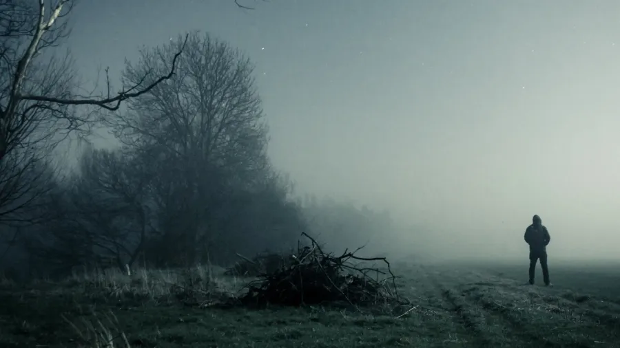 a lone hooded figure standing on a path on a