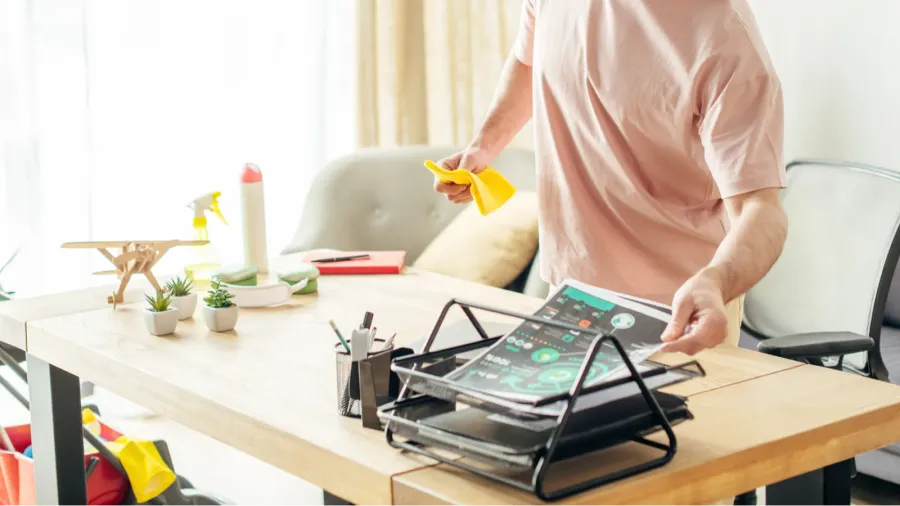A person cleaning a desk cluttered with papers and small plants, wearing a casual outfit.