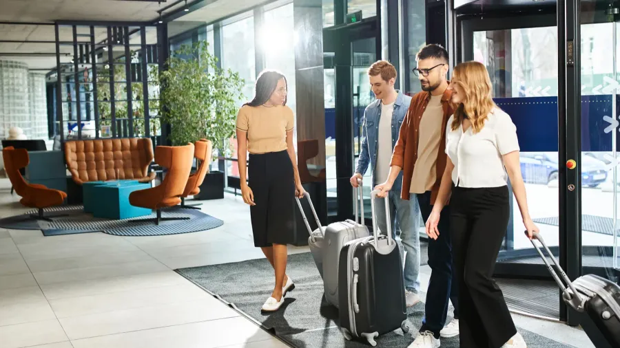 a multicultural group of colleagues in casual attire navigate an