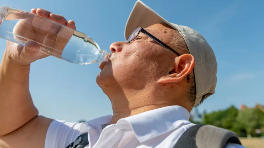 a senior man drinking plenty of water on a record
