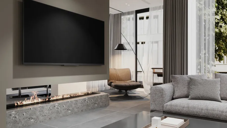 a sleek minimalist living room featuring a linear fireplace and