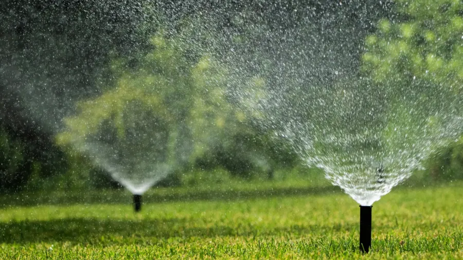 a sprinkler system in action spreading a fine mist of