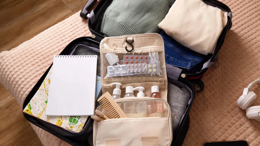 a suitcase is open on a bed containing neatly arranged