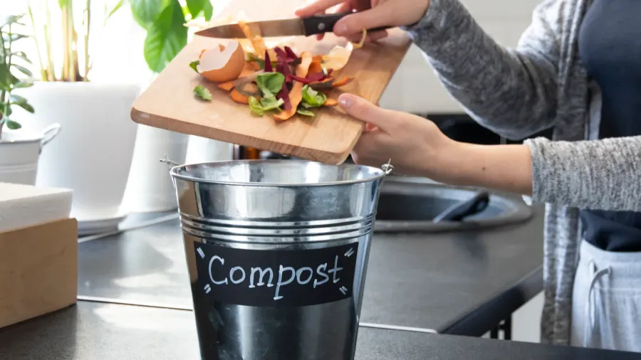 A person composting vegetable scraps over a metal compost bin in a kitchen.