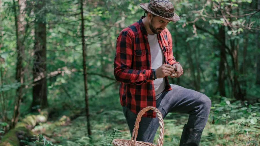 a young male mushroom picker with a large basket looks