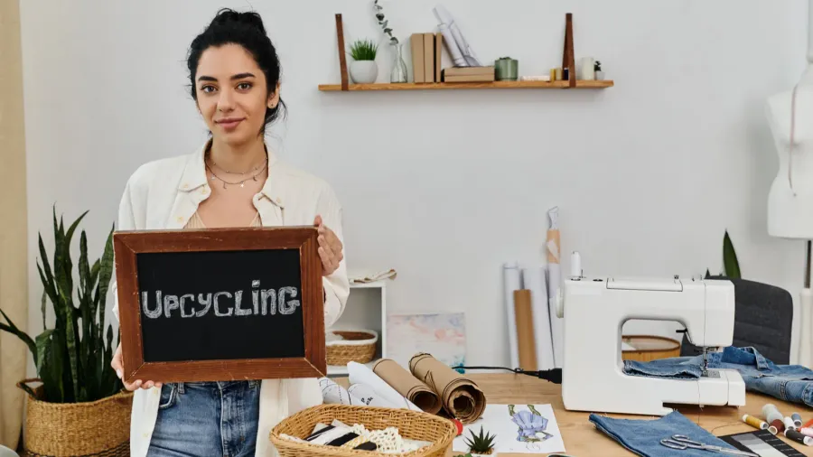 a young woman in casual attire upcycling her clothes holding