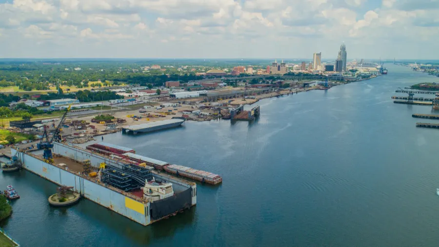 aerial drone image of port mobile alabama