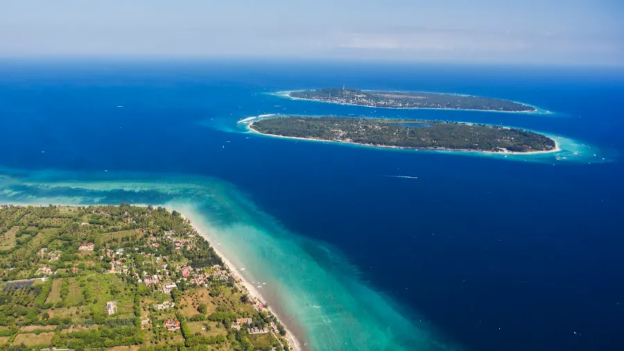 aerial drone photo of gili islands with incredible diversity of