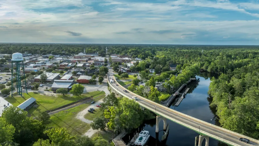 aerial of conway small town on a bluff overlooking the