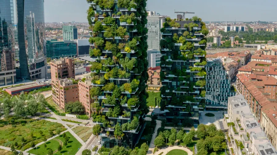 aerial photo of bosco verticale vertical forest in milan porta