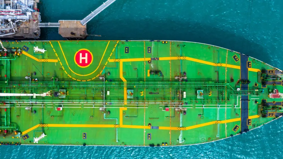aerial top view of fuel tanker ship at the port
