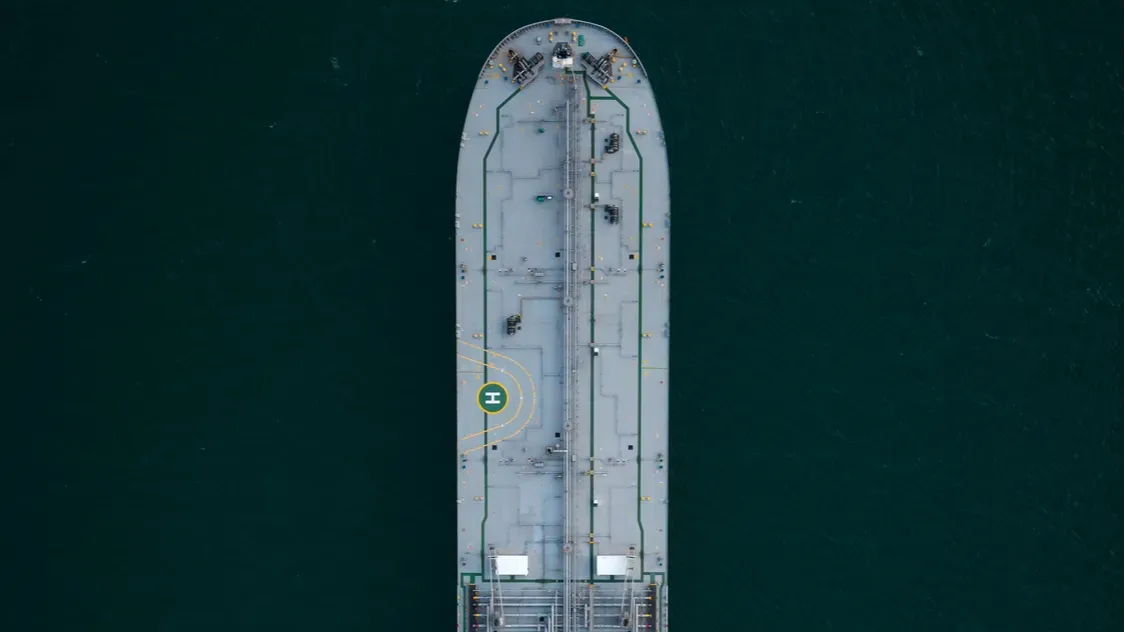 aerial view directly above a large crude oil product tanker
