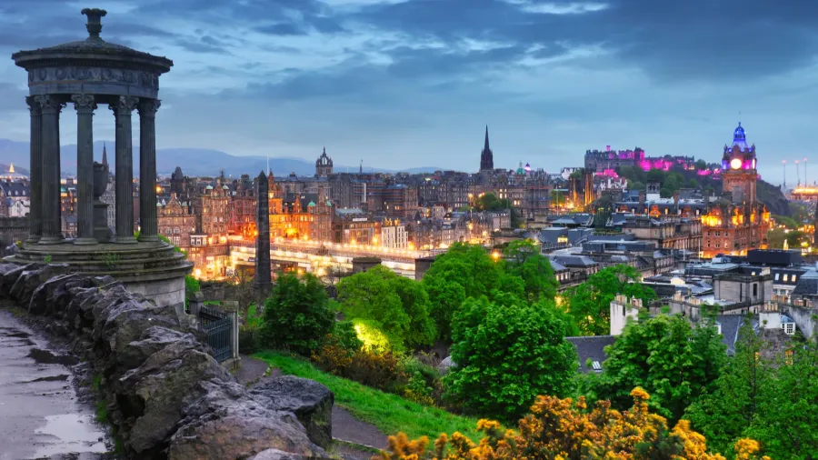Aerial view of Calton Hill, Edinburgh, Great Britain.