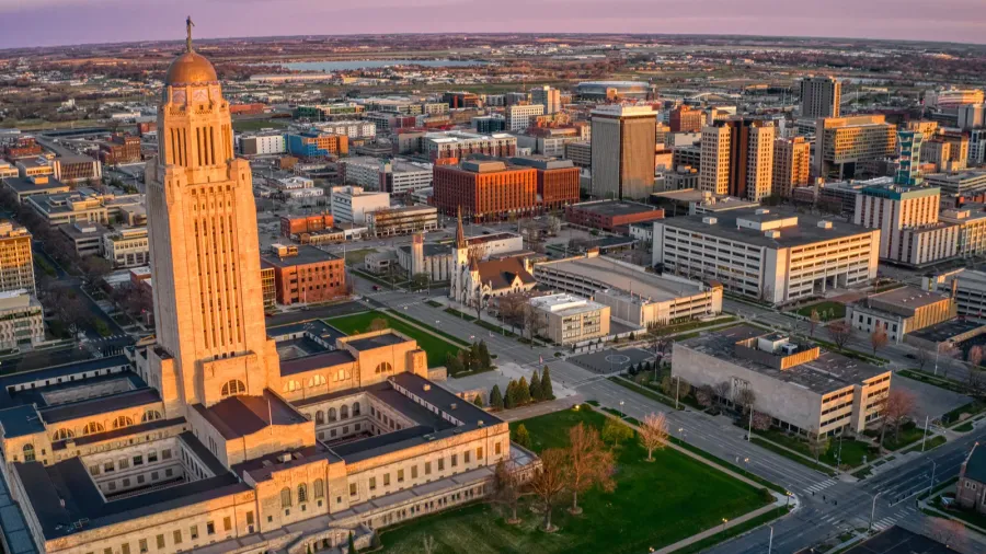aerial view of downtown lincoln nebraska at twilight