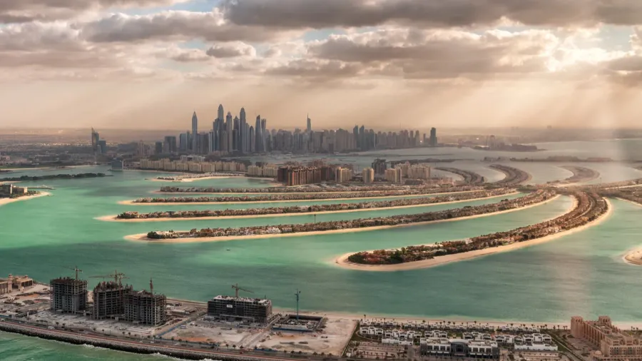 aerial view of dubai at sunset united arab emirates