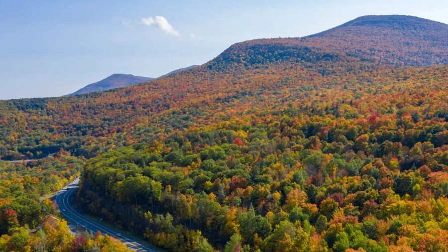 aerial view of fall foliage along the catskill mountains in