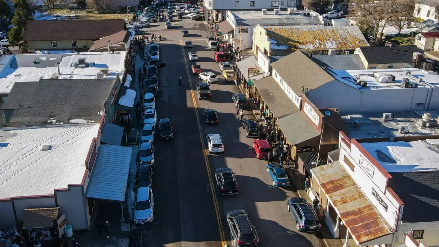 aerial view of historic downtown city of julian during snow