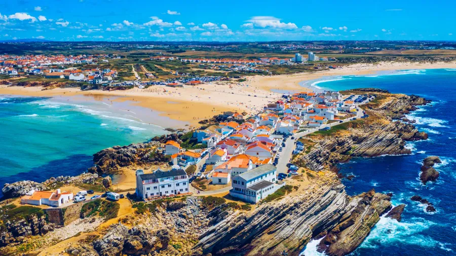 aerial view of island baleal naer peniche on the shore