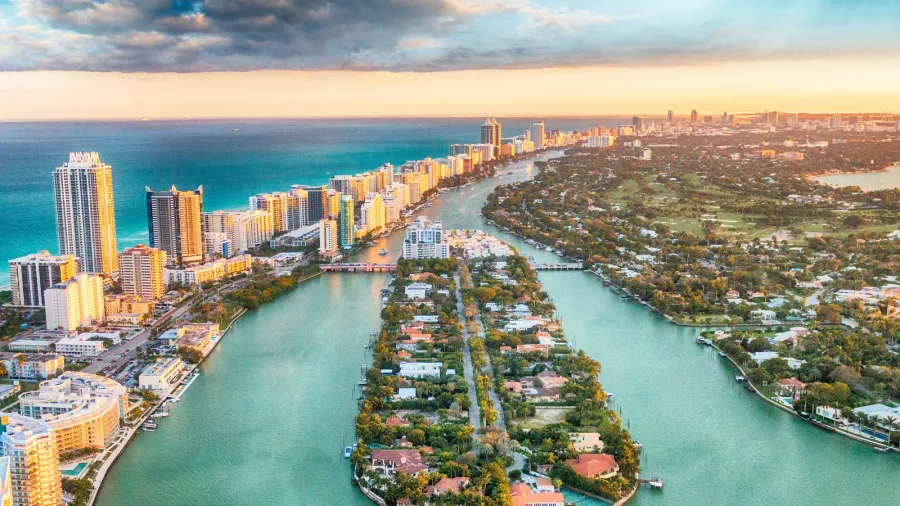aerial view of miami beach at sunset