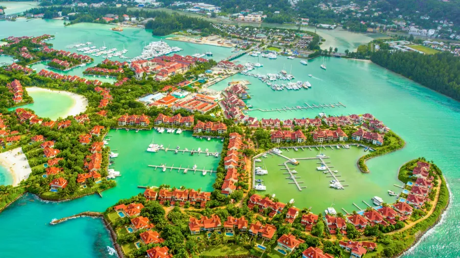 aerial view of the tropical mahe island and beautiful lagoons