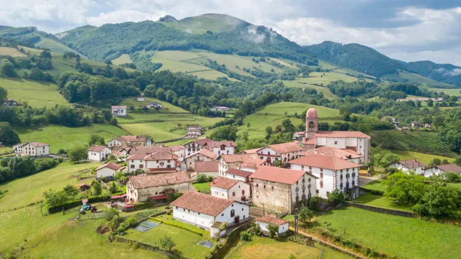 aerial view of ziga rural town in baztan valley spain