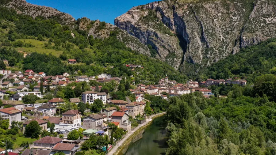aerial view on the city of pont en royans in
