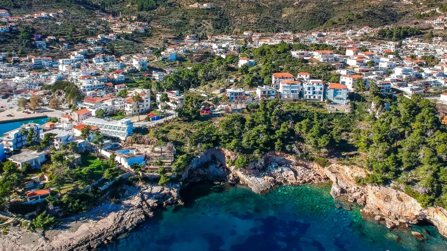 aerial view over patitiri town in alonnisos island greece