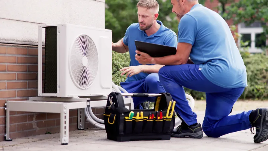 Technicians examining an outdoor air conditioning unit.