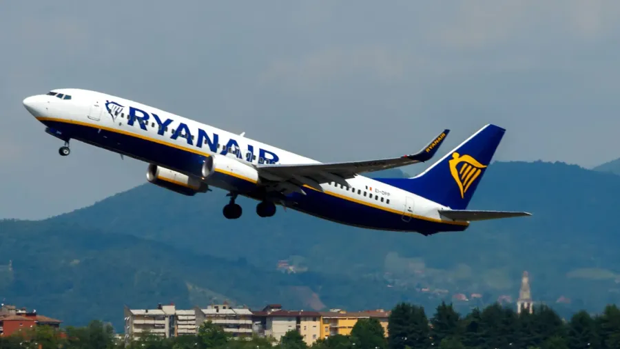 aircraft companies rayanair flies up at the airport of bergamo
