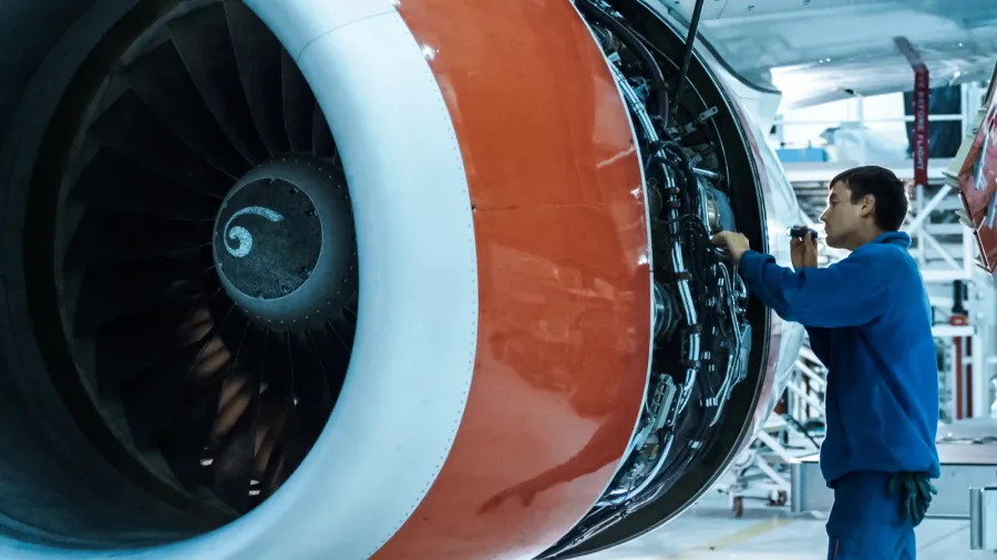 aircraft maintenance mechanic with a flash light inspects plane engine